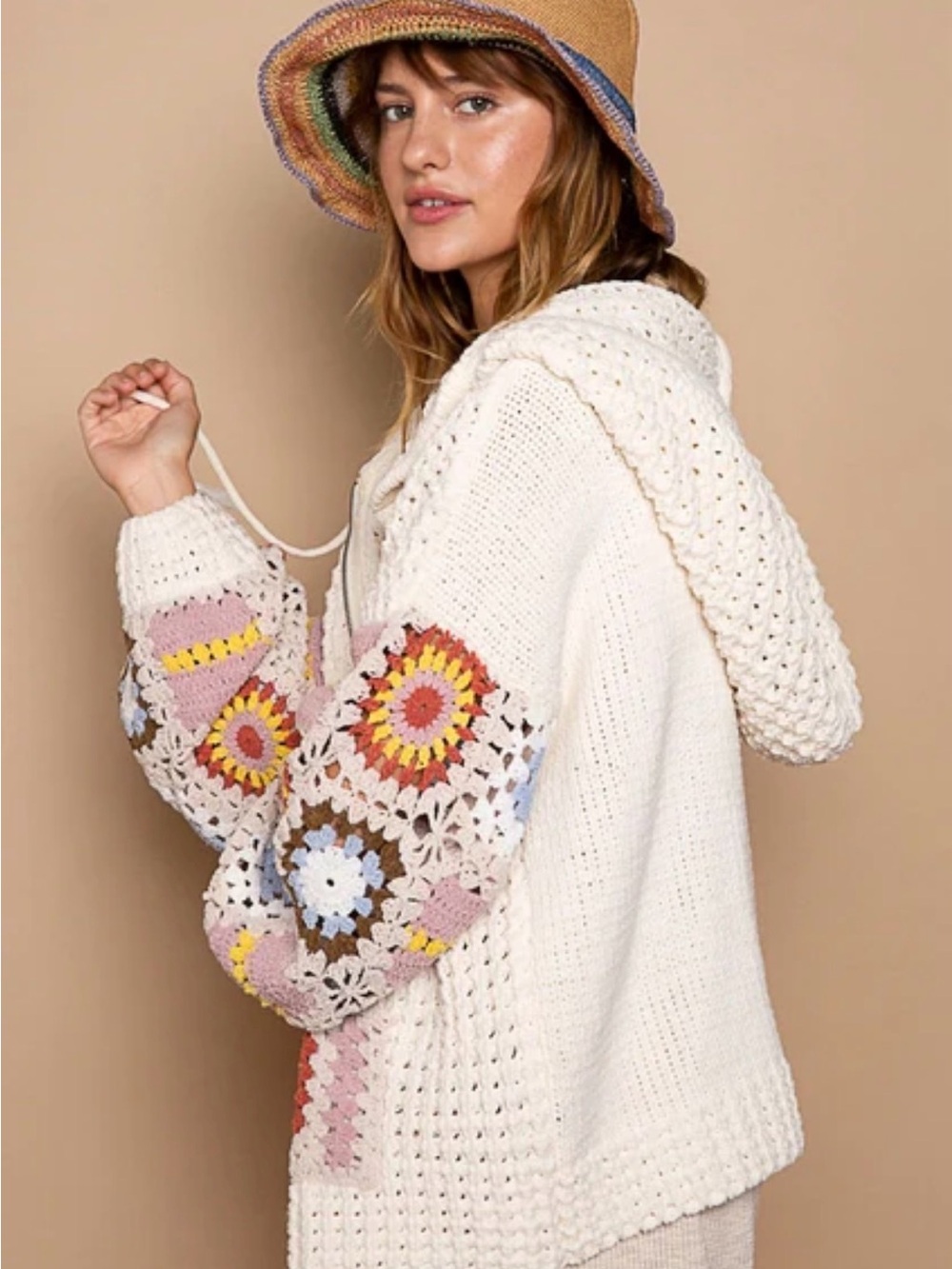 POL Cream Hooded Chenille Knit Cardigan with Multicolor Crochet Sleeves
